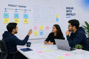 Startup founders planning software development strategy from idea to product launch