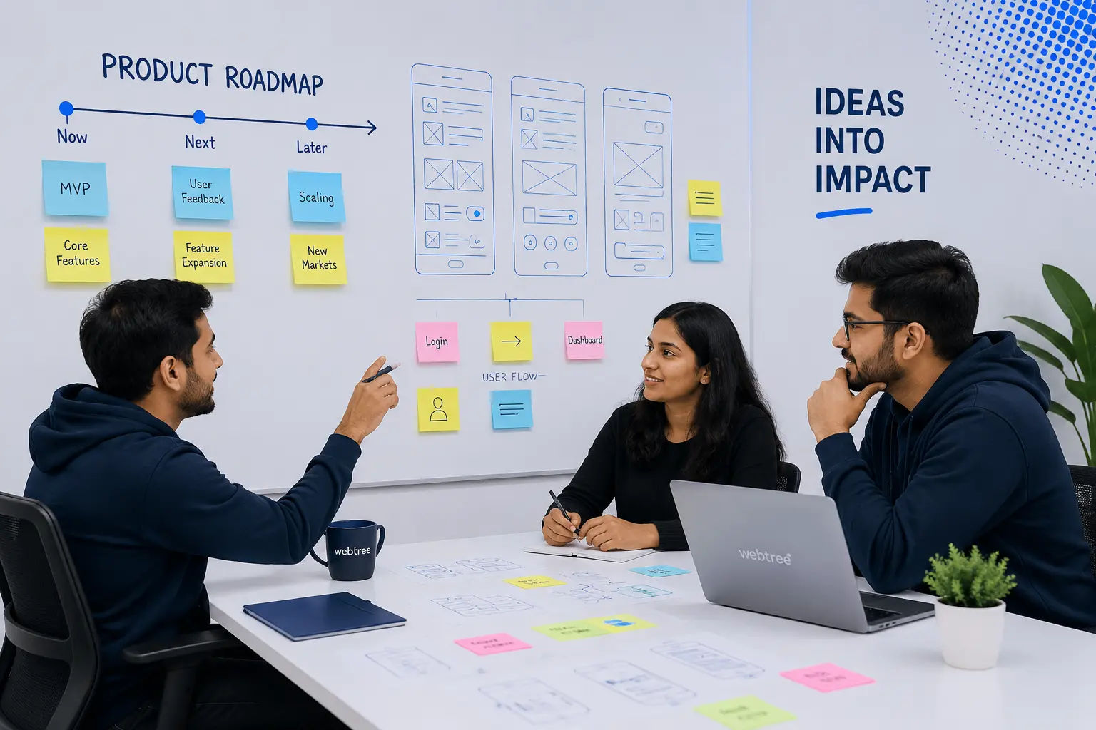 Startup founders planning software development strategy from idea to product launch