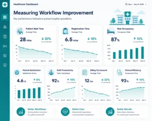 Healthcare workflow performance dashboard showing hospital KPIs