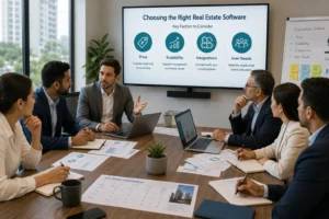 Real estate leadership team evaluating software price scalability integrations and user needs